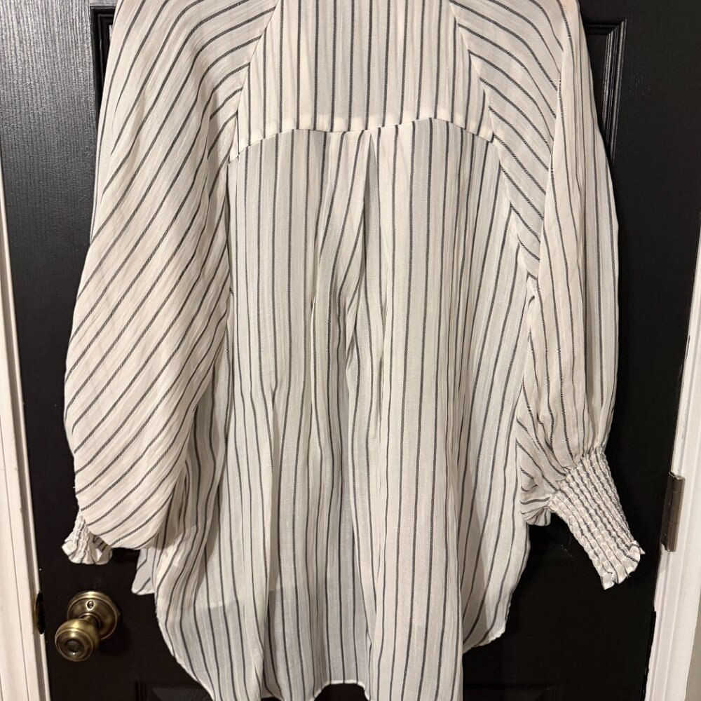 Womens Oversized Sheer Striped Blouse Balloon Sleeves White Black Medium - Picture 5 of 5